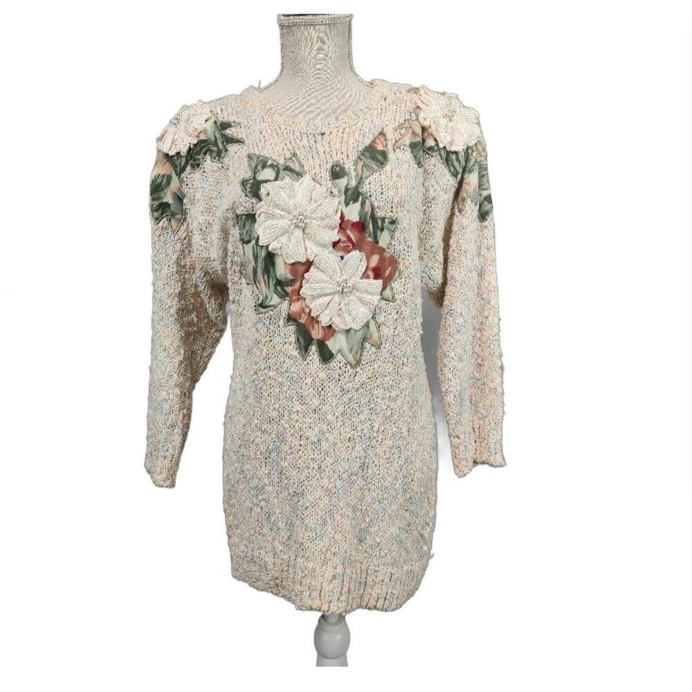 Vtgf Bonnie and Bill by Holly Statement Sweater L Cottage Granny Applique Floral